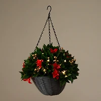 24in. Pre-Lit UV Resistant Artificial Red Tip Photinia & Gold Berries Christmas Hanging Basket with 34 Warm White LED Lights (Indoor/Outdoor)