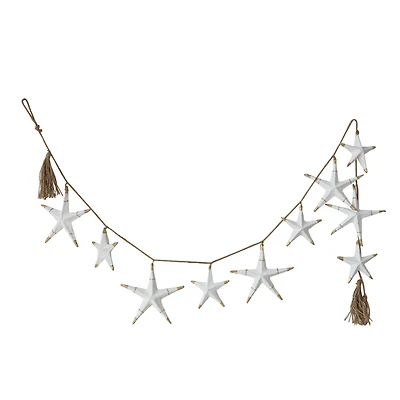 Hello Honey® 6ft. White Hand-Painted Recycled Paper Mache Stars with Gold Foil & Tassels Garland