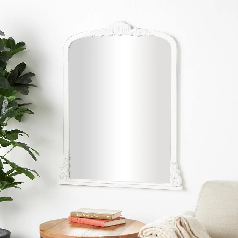 27" x 35", White Wooden Arched Wall Mirror with Scroll Details