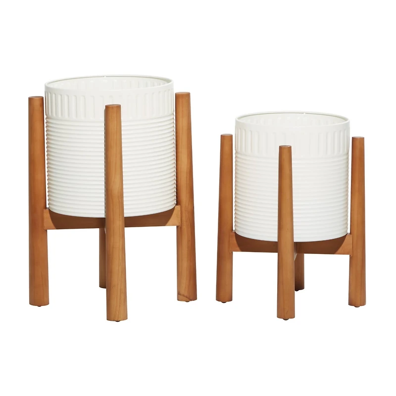 White Metal Planter with Natural Legs Set