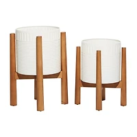 White Metal Planter with Natural Legs Set