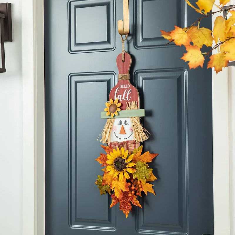Glitzhome® 26" Fall Wood Scarecrow Floral Door Hanger