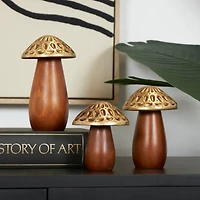 Brown & Gold Wood Mushroom Sculpture Set