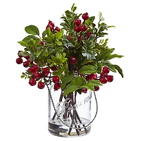 11" Berry Boxwood Arrangement in Glass Jar