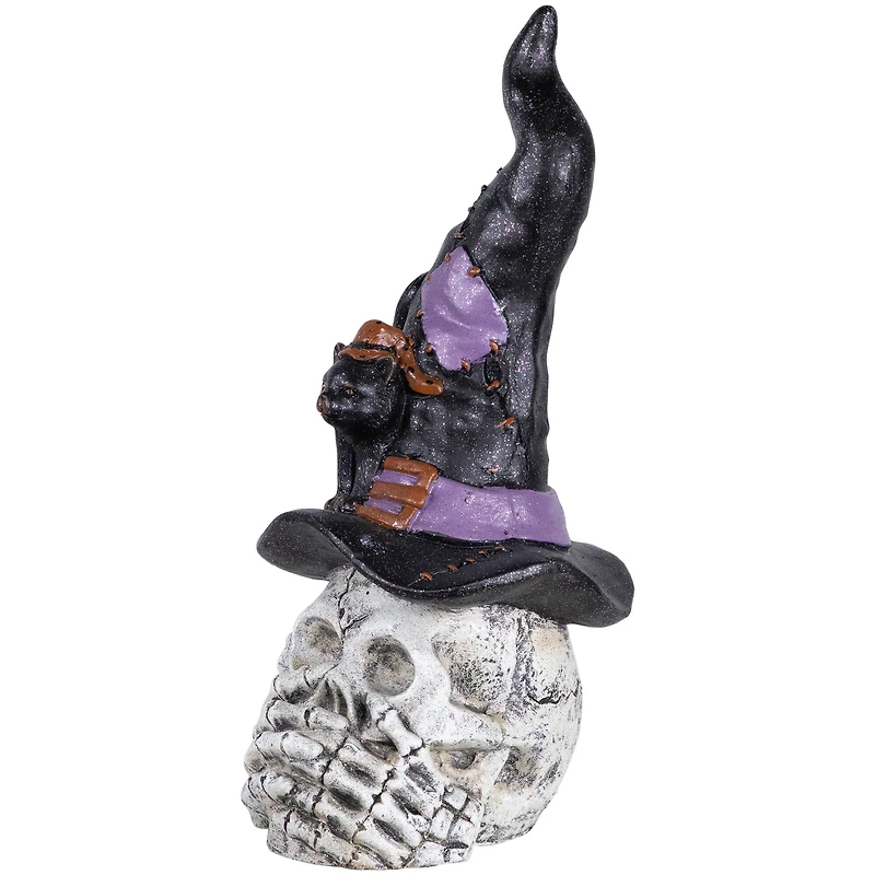 22.75" Skull in Witch Hat with Black Cat Halloween Decoration