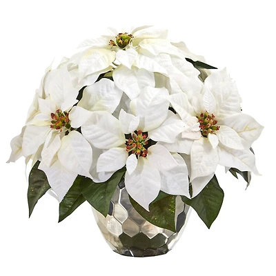 14" White Poinsettia Arrangement in Designer Silver Bowl