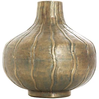 13" Brass Metal Wide Snakeskin Inspired Vase with Dimensional Wavy Accents
