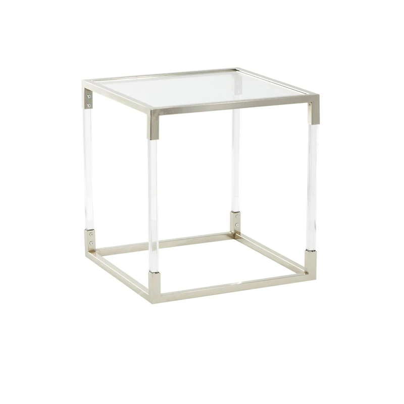 20.25" Silver Metal Floral Cube Shaped Accent Table with Clear Glass Top