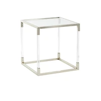 20.25" Silver Metal Floral Cube Shaped Accent Table with Clear Glass Top