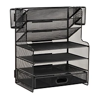 Mind Reader Mesh Desk Organizer, 6 Compartments, 1 Drawer, 2 Pen Cups, Office Desktop Organizer, Metal Mesh, Black