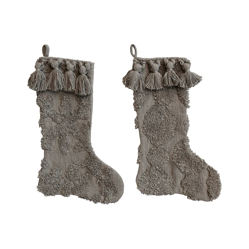 Hello Honey® 20" Gray Cotton Slub Stocking with Tufting & Tassels, 2ct.