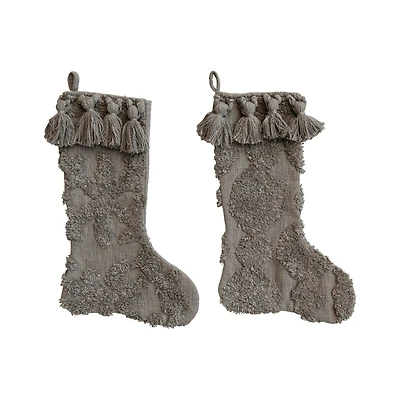 Hello Honey® 20" Gray Cotton Slub Stocking with Tufting & Tassels, 2ct.