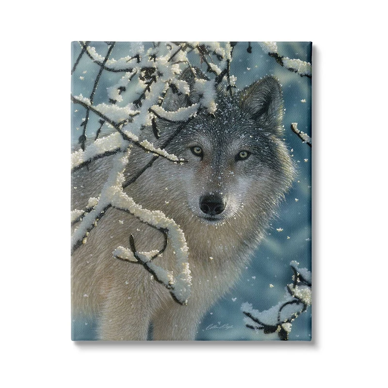 Stupell Industries Wolf Behind Snowy Branches Winter Wild Forest Animal Canvas Wall Art