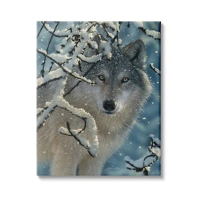 Stupell Industries Wolf Behind Snowy Branches Winter Wild Forest Animal Canvas Wall Art