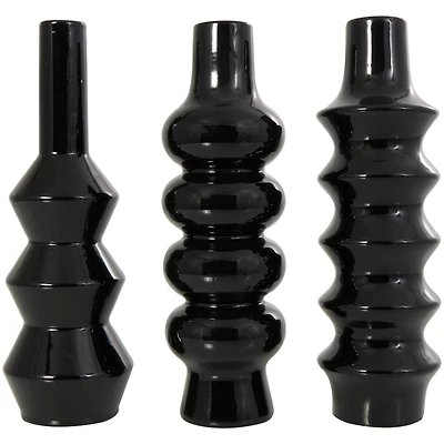 Black Ceramic Abstract Bubble Ribbed Vase Set