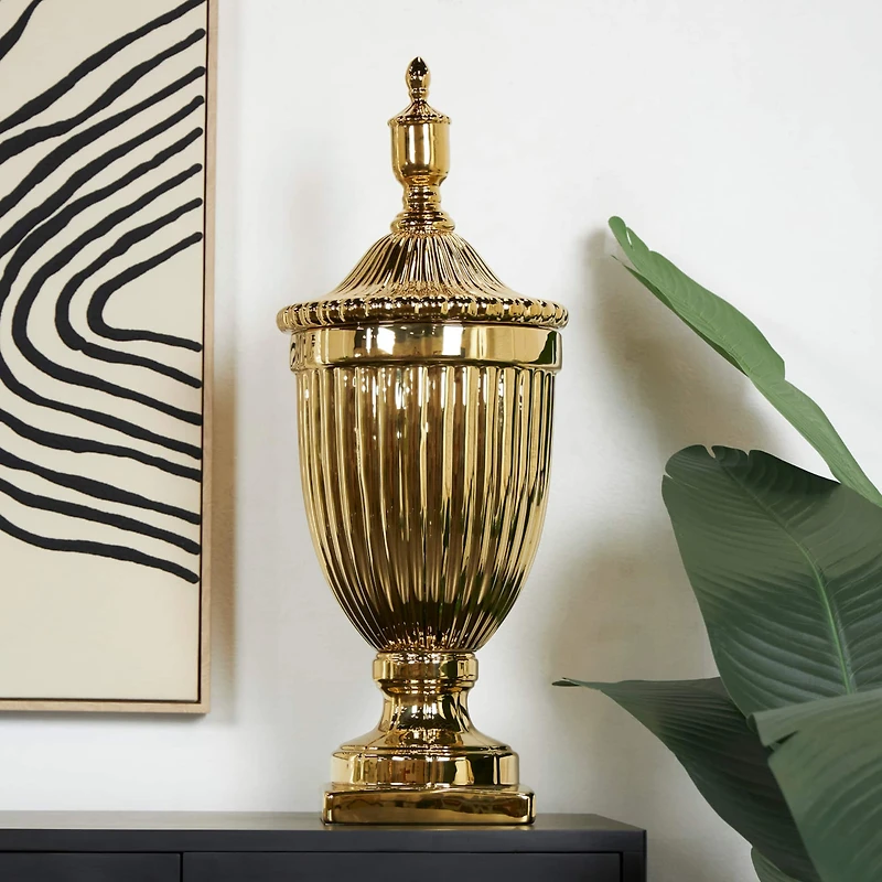 31.5" Gold Ceramic Decorative Jars with Grooves
