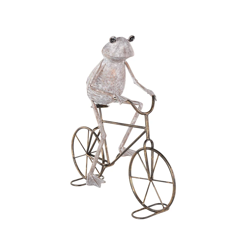 19.5" Frog on Bicycle Metal Garden Sculpture with Gold Accents
