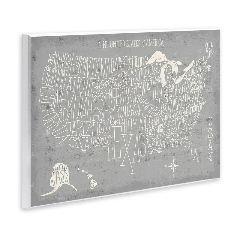 Stupell Industries Grey Distressed US Map Playful Typography Wall Plaque Art