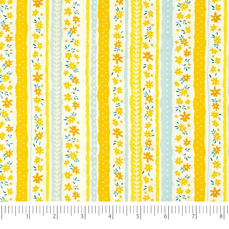 SINGER Blue & Yellow Flower Stripes Cotton Fabric