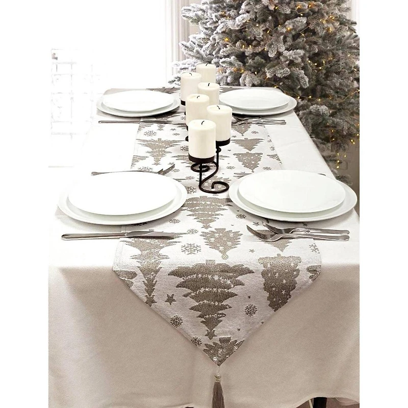 Wizardi 13.75" x 67" Silver Pine Trees Christmas Table Runner