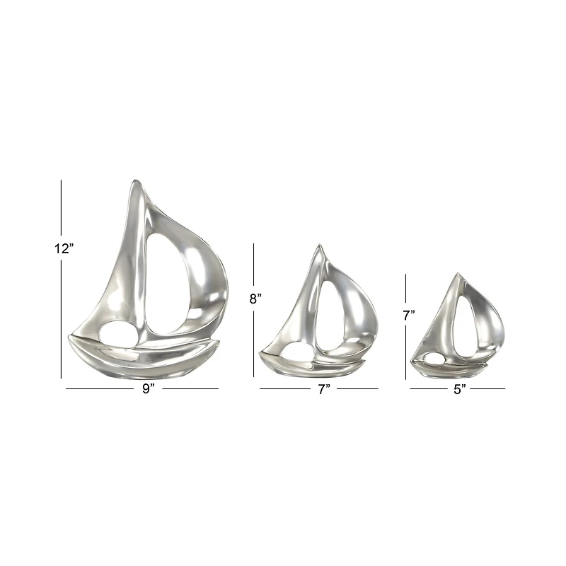 Set of 3 Silver Aluminum Coastal Sail Boat Sculpture, 12", 8", 7"