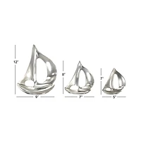 Set of 3 Silver Aluminum Coastal Sail Boat Sculpture, 12", 8", 7"