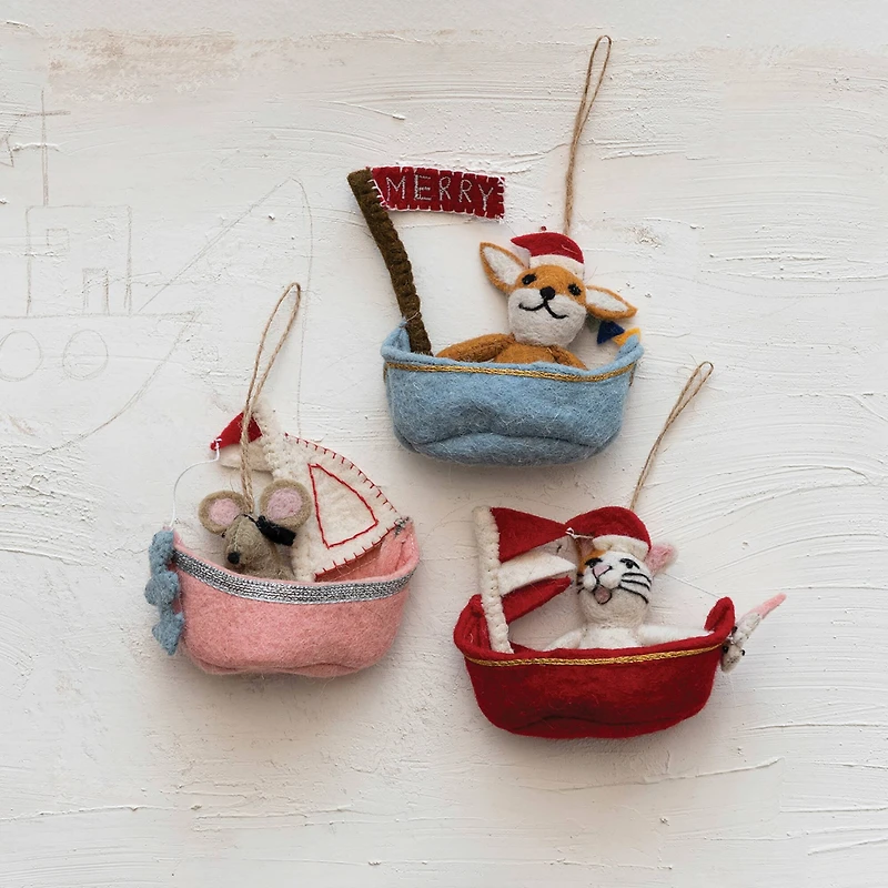 Hello Honey® Handmade Wool Felt Animal in Sailboat Ornament Set with Applique & Embroidery