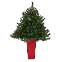 4.5ft. Pre-Lit Wyoming Mixed Pine Artificial Christmas Tree in Red Tower Planter, Clear Lights