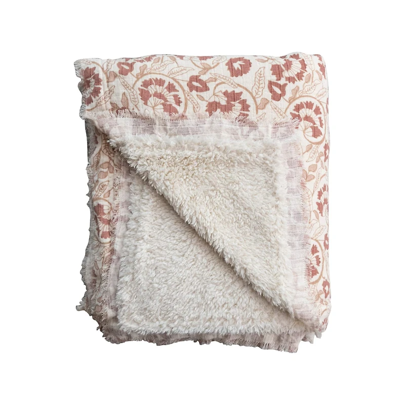 Hello Honey® 60" Tan & Rose Woven Cotton & Sherpa Throw Blanket