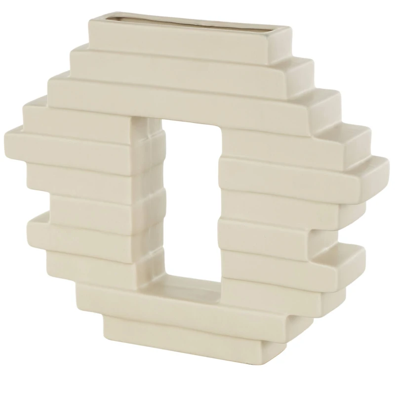 12" Cream Ceramic Abstract Decorative Vase with Rectangular Center Cutout