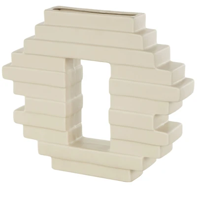 12" Cream Ceramic Abstract Decorative Vase with Rectangular Center Cutout