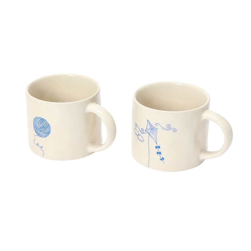 Hello Honey® 16oz. Cream and Blue Stoneware Mug Set with Wax Relief Illustration and Secret Image on Bottom