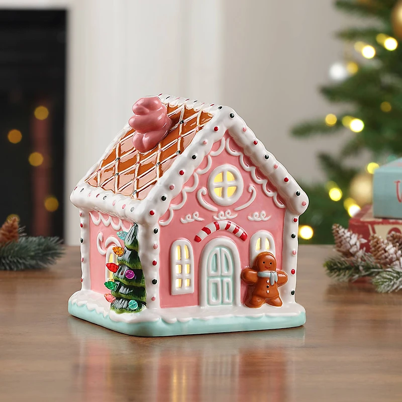 7" Pink Nostalgic Ceramic Lit Gingerbread House
