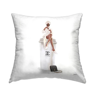 Stupell Industries Woman Sitting Upscale Brand Fashion Coffee Cup Throw Pillow, 18" x 18"