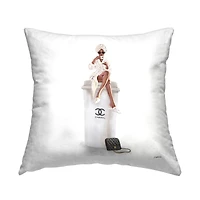 Stupell Industries Woman Sitting Upscale Brand Fashion Coffee Cup Throw Pillow, 18" x 18"