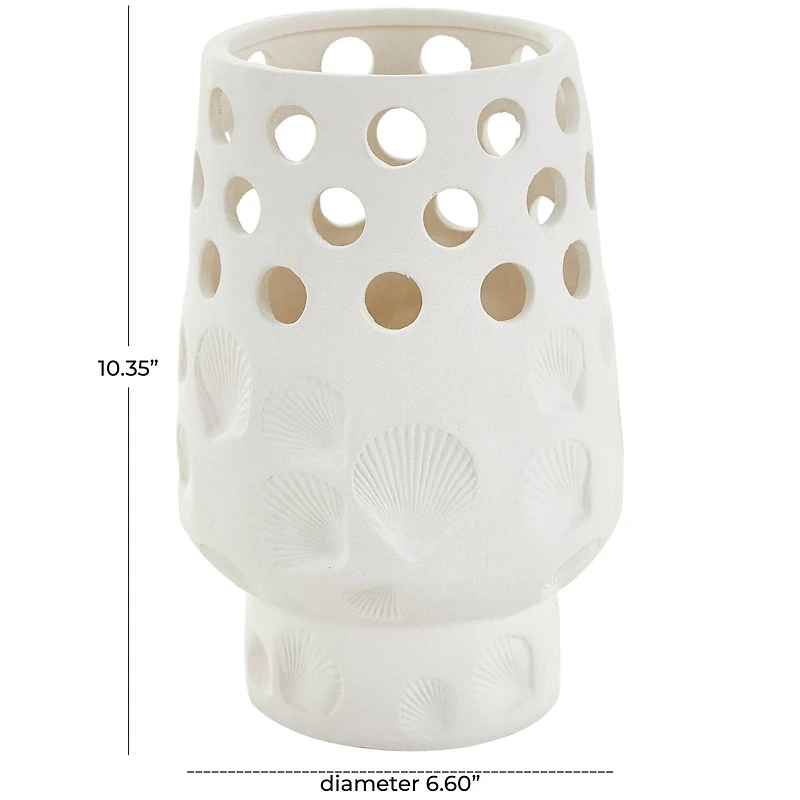 10" White Ceramic Shell Vase with Circular Cutouts