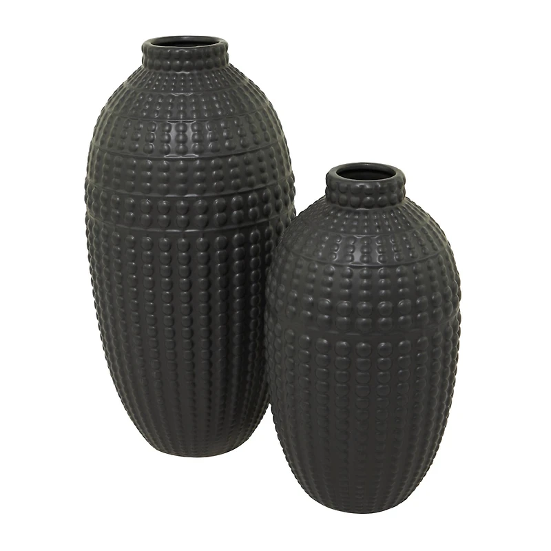 Set of 2" Black Stoneware Contemporary Vase 16", 12"