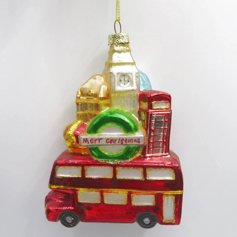 Merry Christmas Double Decker Tour Bus Glass Ornament - 4.5" - Gold and Red