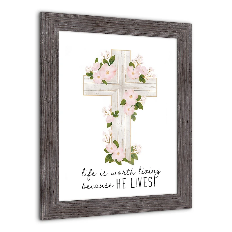 He Lives Floral Cross 16" x 20" Western Gray Framed Print