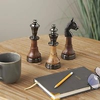 7" Silver Aluminum Metal Chess King, Queen, & Knight Sculpture with Mango Wood Center, 3ct.