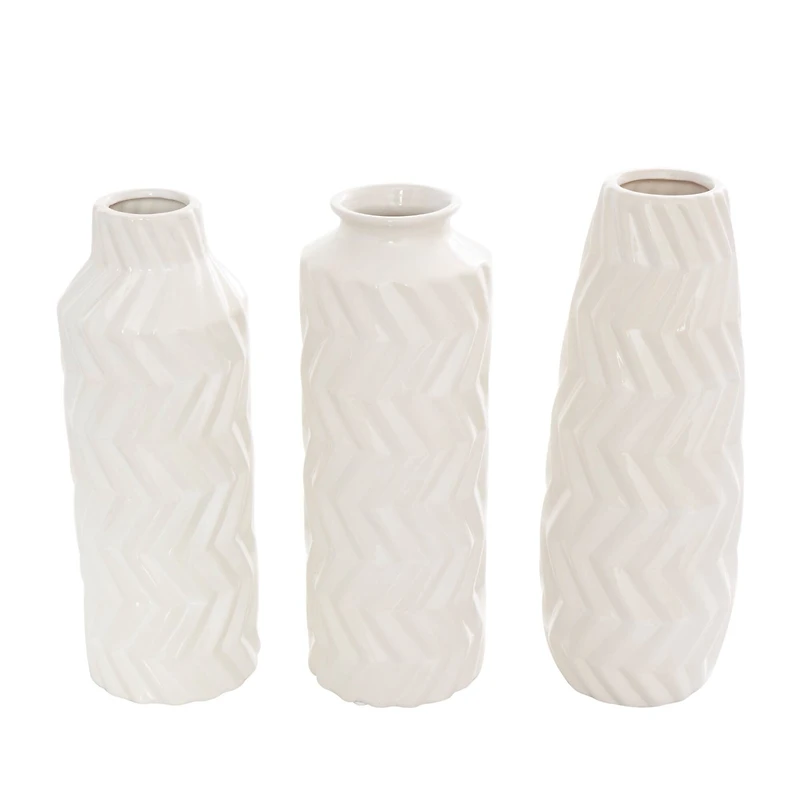 White Ceramic Dimensional Chevron Textured Vase with Varying Shapes Set