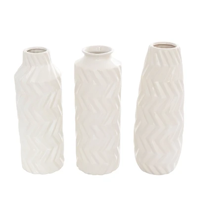 White Ceramic Dimensional Chevron Textured Vase with Varying Shapes Set