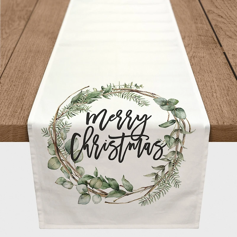 90" Merry Christmas Wreath Poly Twill Table Runner