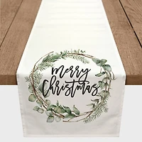 90" Merry Christmas Wreath Poly Twill Table Runner