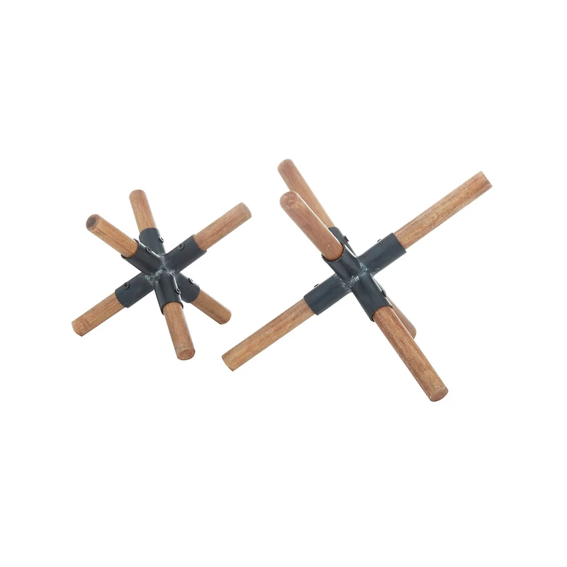 Set of 2 Brown Wood Industrial Sculptures, 6" x 6" x 5"