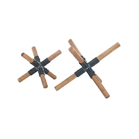 Set of 2 Brown Wood Industrial Sculptures, 6" x 6" x 5"