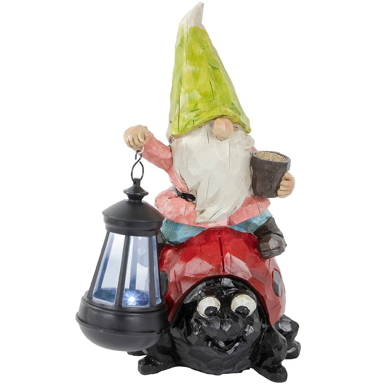 12.25" Solar LED-Lit Gnome & Ladybug Outdoor Garden Statue