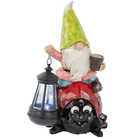 12.25" Solar LED-Lit Gnome & Ladybug Outdoor Garden Statue