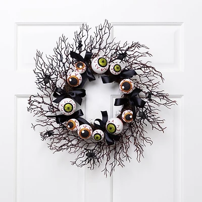 24'' Unlit Eyeballs and Spiders Halloween Twig Wreath