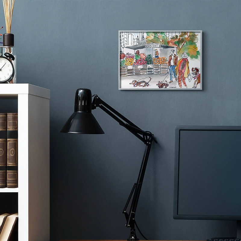 Stupell Industries Farmers Market Illustration City Dog Walkers in Gray Frame Wall Art